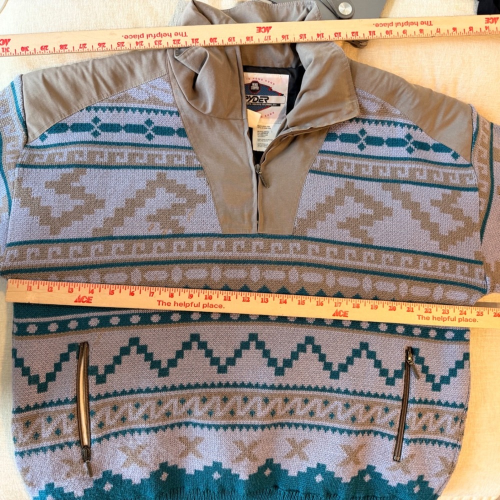 90s Spyder Windstopper Sweater Mens XL Aztec 1/4 Zip Teal Blue Wool Fair Isle - Picture 12 of 13